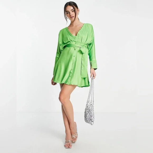 ASOS Design satin batwing mini dress with button front detail and tie front-Green